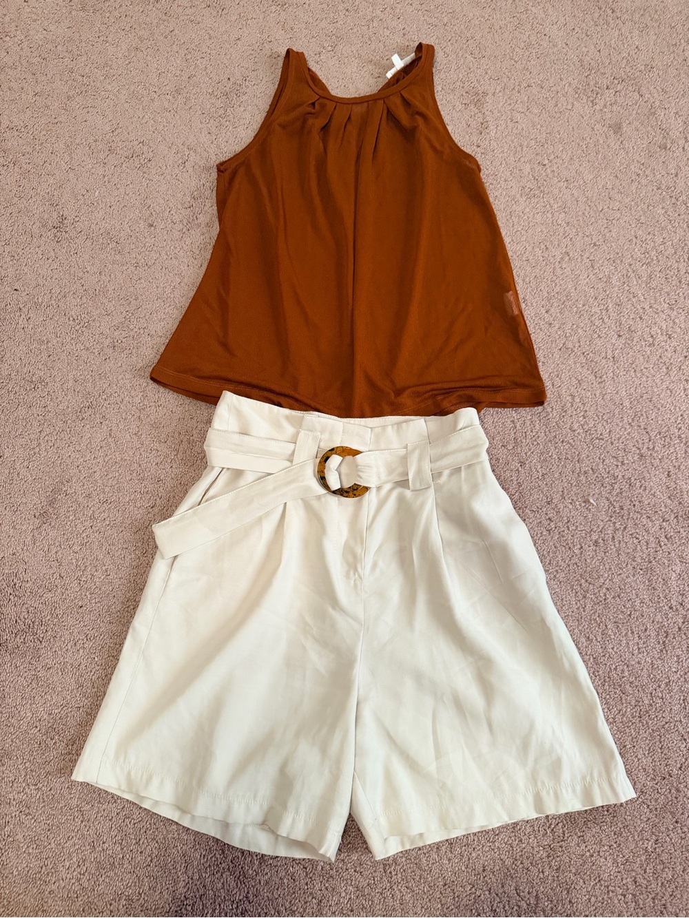 Women's Cream High-Waist Paperbag Shorts with Belt and a matching top